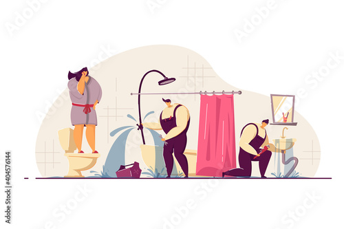 Plumbers fixing leaky pipes in customers bathroom. Frightened woman talking to mobile phone. Vector illustration for plumbing, emergency, house flooding concept