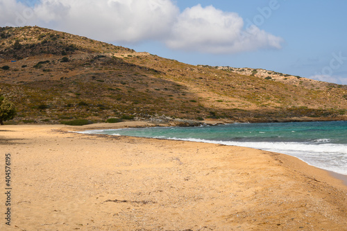 Psathi Beach, a large, sandy and isolated beach on the east coast of Ios island. Cyclades, Greece