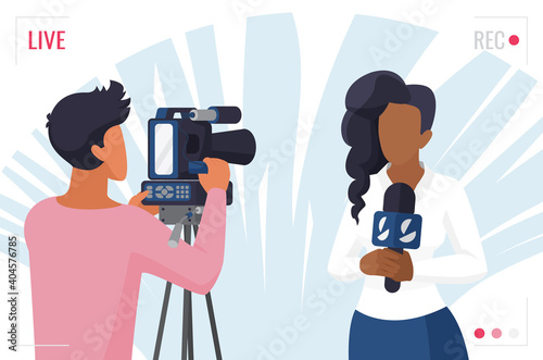 Journalist tv news, reporter video interview with camera vector illustration. Cartoon woman interviewer with microphone and professional cameraman videographer, journalism concept isolated on white