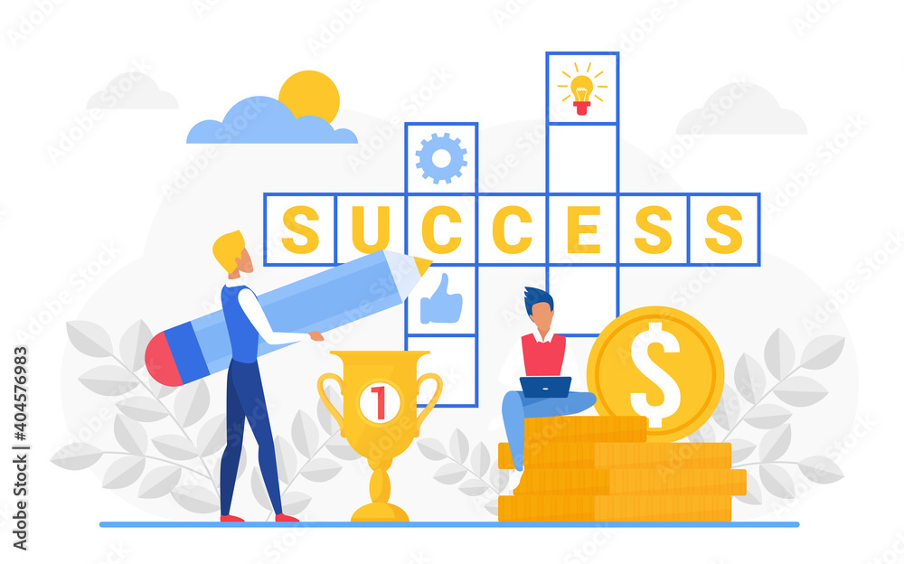 Success crossword vector illustration Cartoon business people team working next to crossword Success crossword vector illustration Cartoon business people team working next to crossword