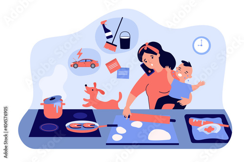 Multitasking mom with baby flat vector illustration. Cartoon busy mother in chaos with cooking, kid learning, home cleaning and talking on phone. Task overload and family concept