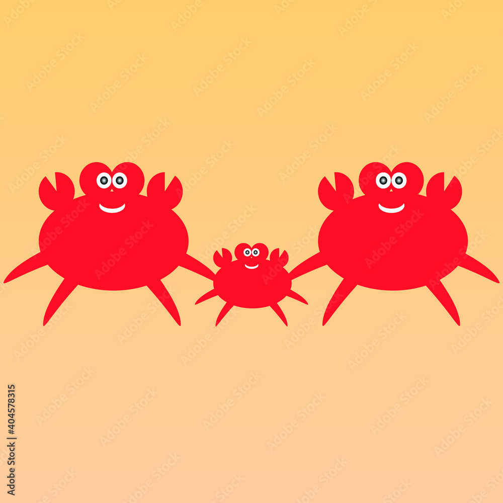 Funny family red crab on a beige background. Two big crabs and a child.