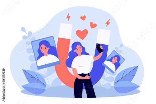 Successful female blogger taking selfie on cellphone. Magnet attracting likes. Flat vector illustration. Social media, blogging concept for banner, website design or landing web page