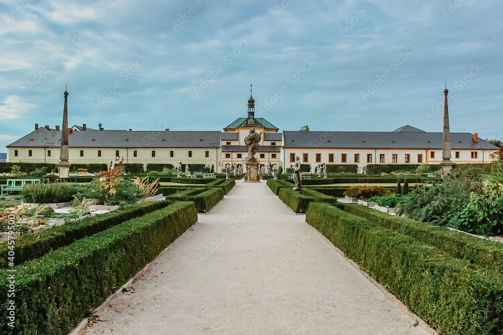 Kuks Hospital and garden in East Bohemia,Czech republic, with Holy Trinity Church.Pearl of Baroque.Used to be highly popular health resort with mineral spring.Famous sculptures by Matthias Braun.