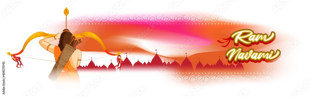 Vector illustration concept of Ram Navami greeting, Lord Rama with bow and arrow. Spring Hindu festival. - obrazy, fototapety, plakaty 