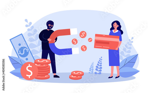 Fraud stealing money from credit card. Magnet, cash, hacker, tiny characters. Flat vector illustration. Crime, banking, security problem concept for banner, website design or landing web page