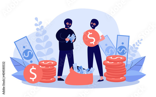 Bank robbers collecting cash. Money, sack, bag, couple in balaclavas. Flat vector illustration. Robbery, crime, criminals concept for banner, website design or landing web page