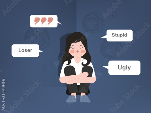 Bullying or humiliation at school or college. Young upset girl victim of ridicule. Vector illustration in a flat style.