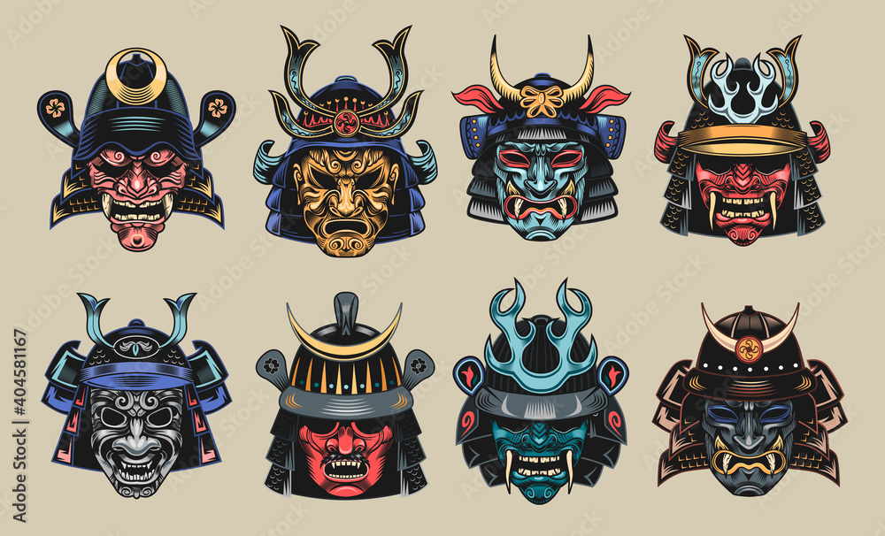 Japanese samurai masks flat illustration set. Japan traditional vintage  warrior or fighter clipart isolated vector illustration collection.  Military art and design elements concept Stock Vector | Adobe Stock