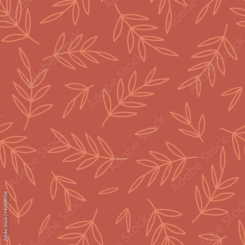 Simple linear leaves seamless vector pattern. Leafy doodle background. Terracotta bohemian plant design