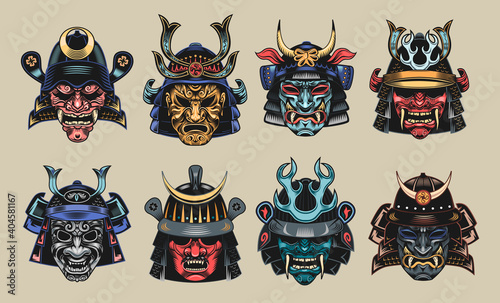 Japanese samurai masks flat illustration set. Japan traditional vintage warrior or fighter clipart isolated vector illustration collection. Military art and design elements concept