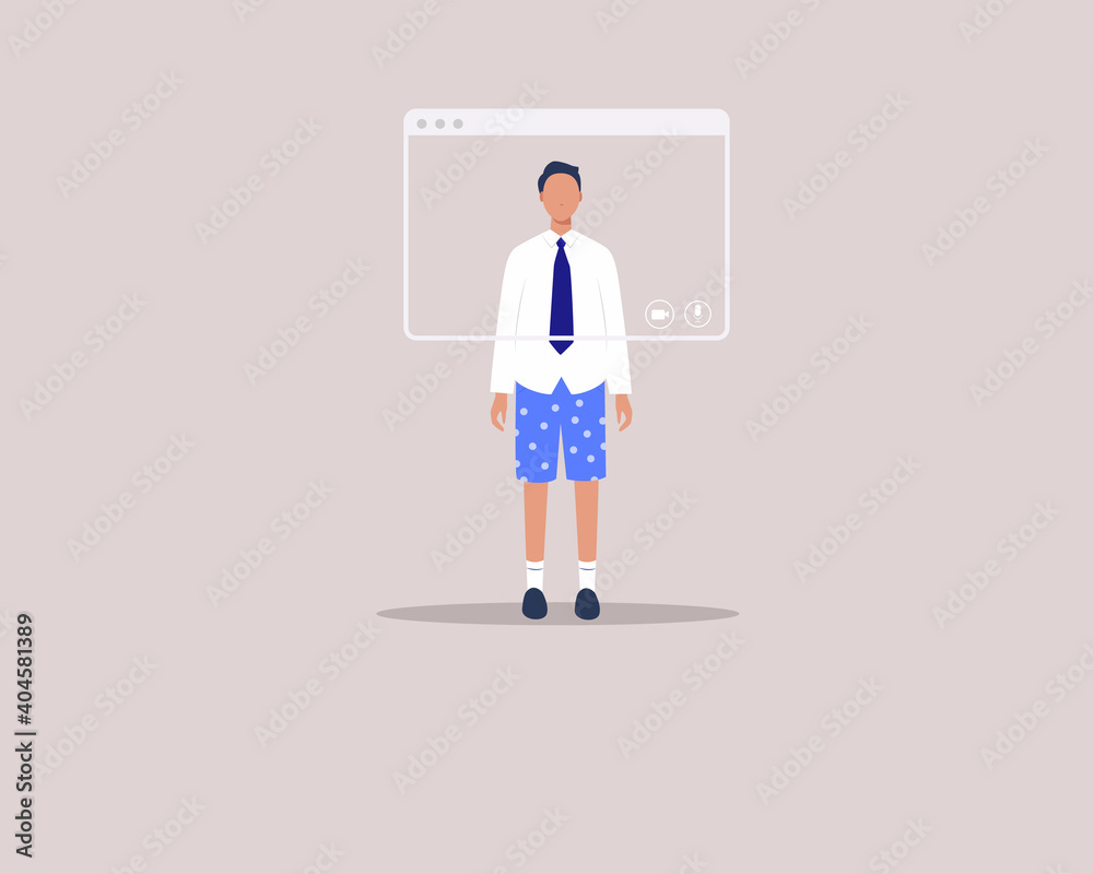 Work from home concept. Video call, virtual window frame. Young man character wearing suit with pajamas and slippers at home, having a online meeting. Vector illustration in flat cartoon style