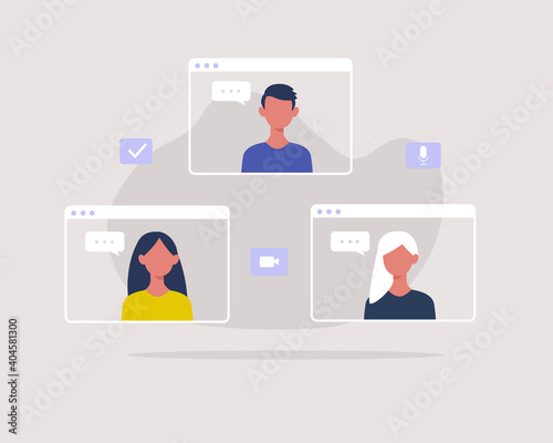 Group video call concept. People having an online meeting. Young characters virtual gathering together online. Vector illustration in flat style.