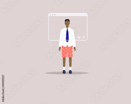 Work from home concept. Video call, virtual window frame. Black young male character wearing suit with pajamas and slippers at home, having a online meeting. Vector illustration in flat cartoon style