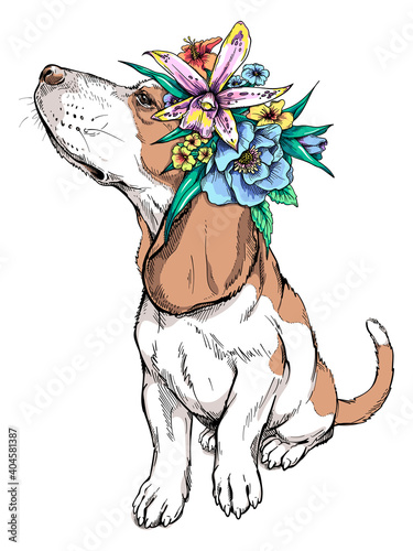 Cute beagle dog in a flower wreath. Spring portrait of a dog. Stylish image for printing on any surface