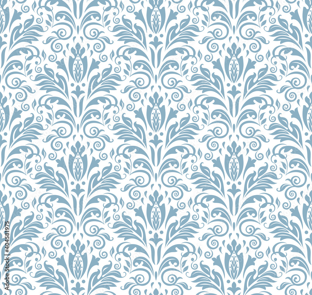 Fototapeta Wallpaper in the style of Baroque. Seamless vector background. White and blue floral ornament. Graphic pattern for fabric, wallpaper, packaging. Ornate Damask flower ornament