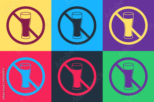 Pop art No alcohol icon isolated on color background. Prohibiting alcohol beverages. Forbidden symbol with beer bottle glass. Vector.