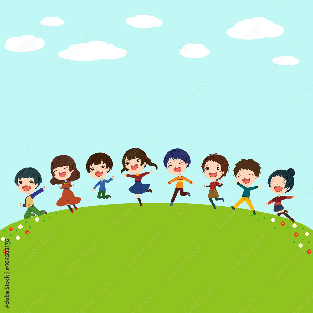 青い空の草原でジャンプする6人の子供たちのイラスト