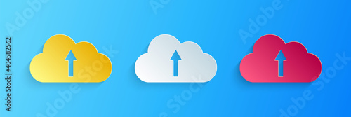 Paper cut Cloud upload icon isolated on blue background. Paper art style. Vector.