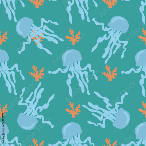 Seamless pattern sea jellyfish and coral on a blue background