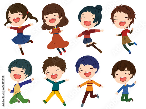 ジャンプしている笑顔の女の子と男の子のイラストセット