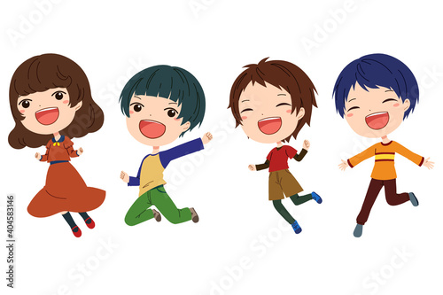 ジャンプしている笑顔の女の子と男の子のイラスト