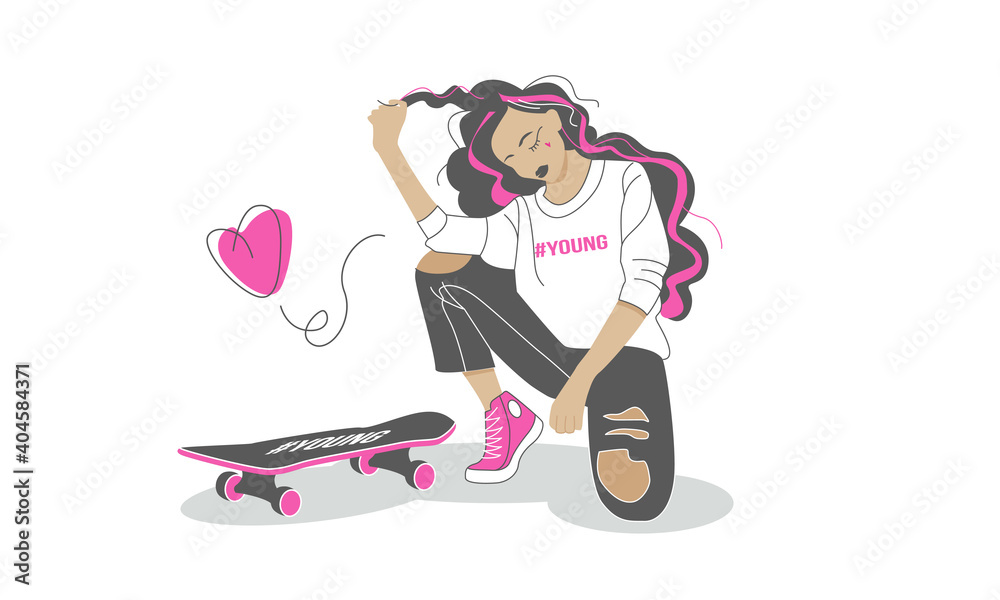 Young sport woman. Young pink girl. Vector linear colorful illustration