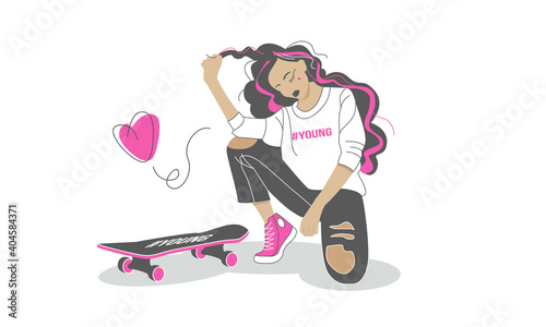 Young sport woman. Young pink girl. Vector linear colorful illustration