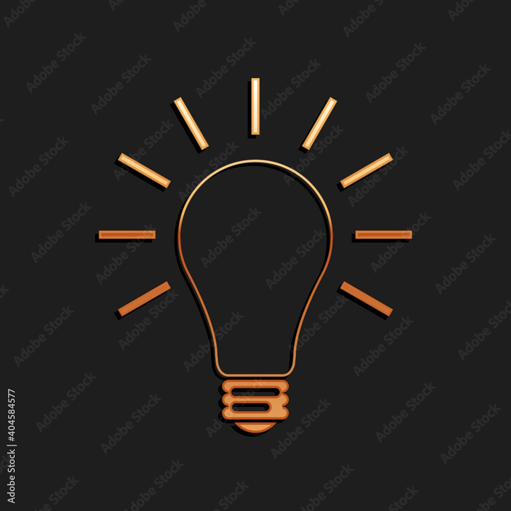 Gold Light bulb with rays shine icon isolated on black background. Energy and idea symbol. Lamp electric. Long shadow style. Vector. Gold Light bulb with rays shine icon isolated on black background. Energy and idea symbol. Lamp electric. Long shadow style. Vector.