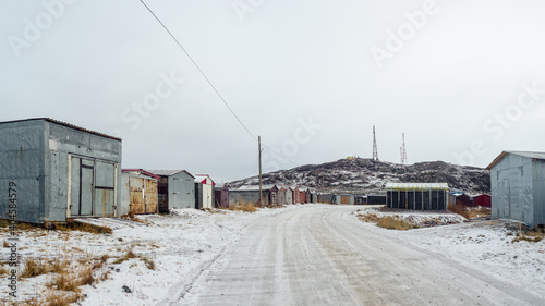Garages in the northern Arctic village of Lodeynoye, Kola Peninsula, Russia.