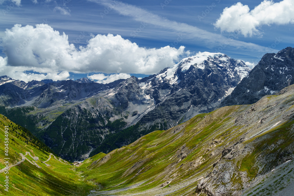 Mountain landscape along the road to Stelvio pass at summer