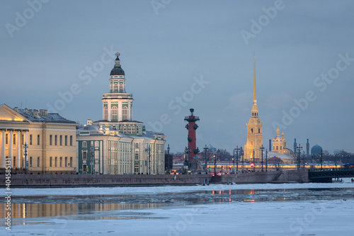 view of the Kunstkamera and the Peter and Paul Fortress in St. Petersburg in the evening