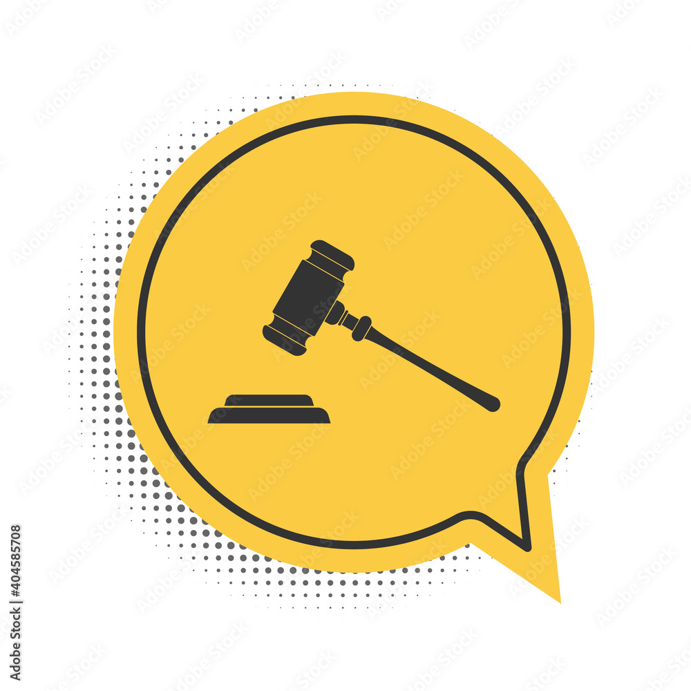 Black Judge gavel icon isolated on white background. Gavel for adjudication of sentences and bills, court, justice, with a stand. Auction hammer. Yellow speech bubble symbol. Vector. Black Judge gavel icon isolated on white background. Gavel for adjudication of sentences and bills, court, justice, with a stand. Auction hammer. Yellow speech bubble symbol. Vector.