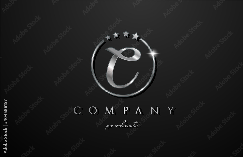 C silver metal alphabet letter logo for company and corporate in grey color. Metallic star design with circle. Can be used for a luxury brand