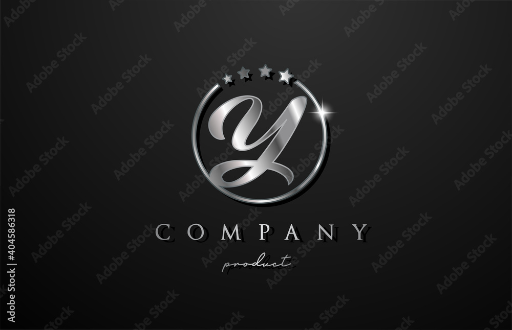 Y silver metal alphabet letter logo for company and corporate in grey color. Metallic star design with circle. Can be used for a luxury brand