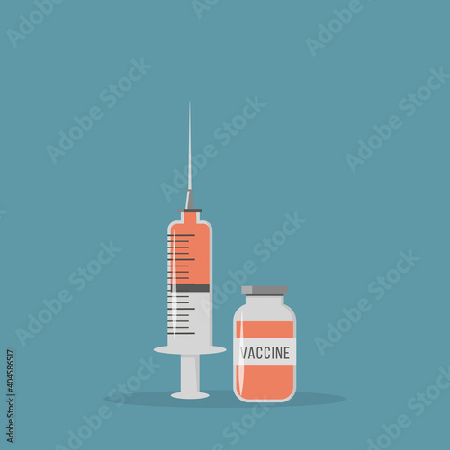 Concept of Coronavirus vaccine vector illustration isolated on background. Vaccine jab bottle and syringe injection for immunization treatment. Covid vaccination.