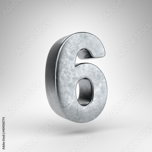 Number 6 on white background. Gun metal 3D rendered number with rough metal texture.
