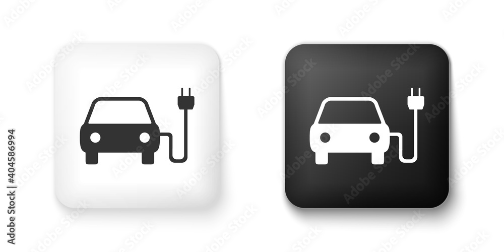 Black and white Electric car and electrical cable plug charging icon isolated on white background. Electric car charging sign. Renewable eco technologies. Square button. Vector. Black and white Electric car and electrical cable plug charging icon isolated on white background. Electric car charging sign. Renewable eco technologies. Square button. Vector.