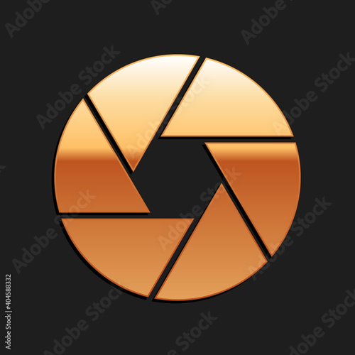 Gold Camera shutter icon isolated on black background. Long shadow style. Vector.
