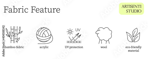 Fabric feature line icon art set: cotton, bamboo, leather, wool, synthetic material. vector illustration with editable stroke