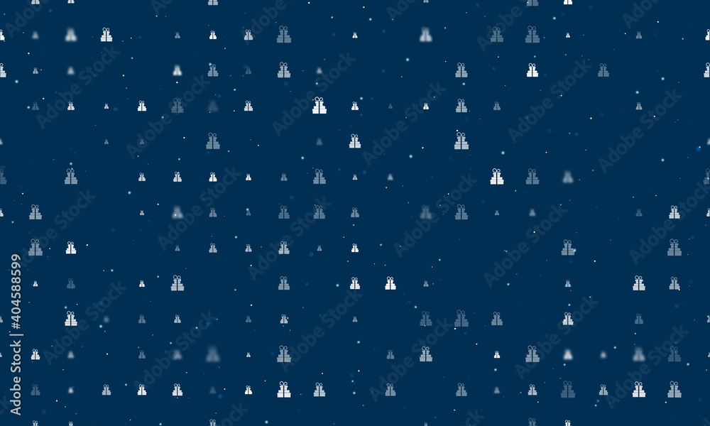 Seamless background pattern of evenly spaced white set of giftss of different sizes and opacity. Vector illustration on dark blue background with stars Seamless background pattern of evenly spaced white set of giftss of different sizes and opacity. Vector illustration on dark blue background with stars