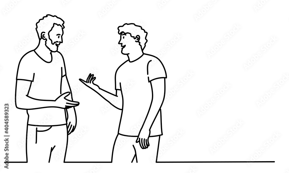 Two young men talking. Hand drawn vector illustration.