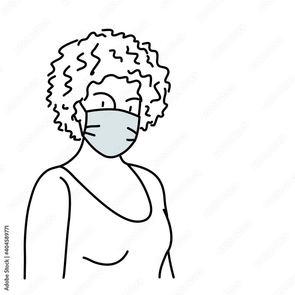 Woman with curly hair in protective mask.