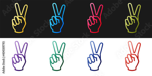 Set Hand showing two finger icon isolated on black and white background. Victory hand sign. Vector. © mingirov