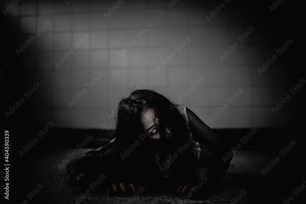 Portrait of asian woman make up ghost face,Horror scene,Scary background,Halloween poster Portrait of asian woman make up ghost face,Horror scene,Scary background,Halloween poster
