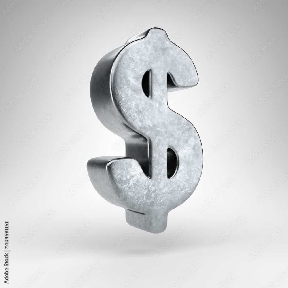 Dollar symbol on white background. Gun metal 3D rendered sign with rough metal texture. Dollar symbol on white background. Gun metal 3D rendered sign with rough metal texture.