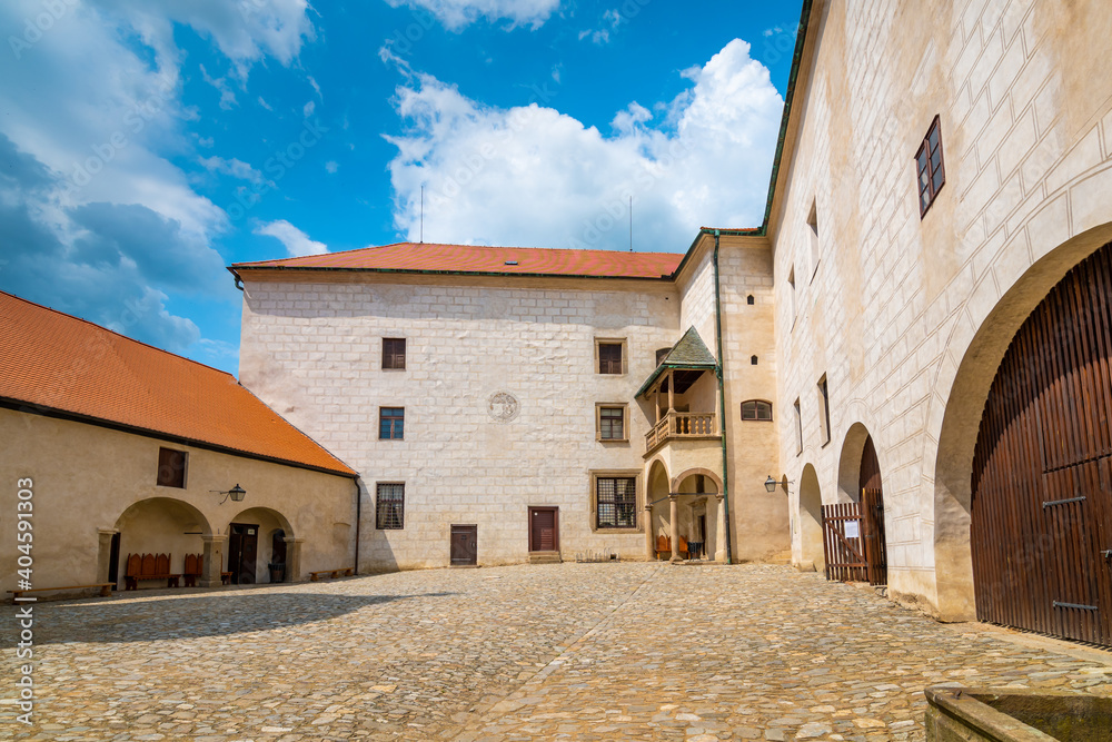 Courtyard of Ledec nad Sazavou Castle, Czech Republic. View from castle tower in summer day.