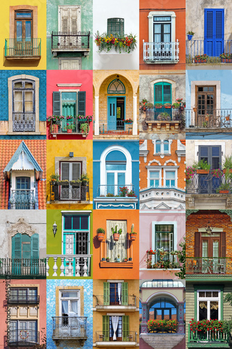 Collage of balconies from around the world, colorful architectural background