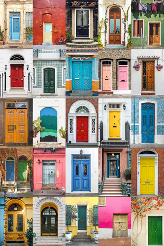 Colorful collection of entrance doors from around the world, architectural background