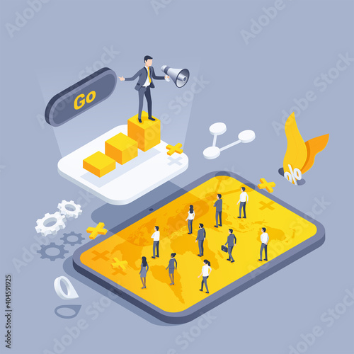 isometric vector illustration on gray background, man in business attire with loudspeaker on the chart and people on the tablet screen, platform for attracting and increasing the number of customers